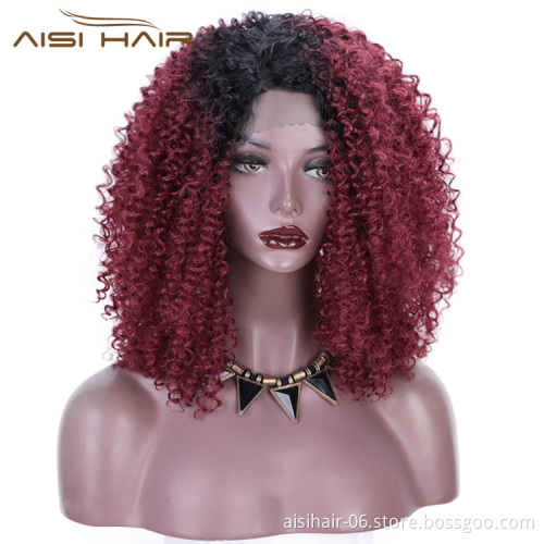 Aisi Hair Medium Long Afro Kinky Curly Wig Ombre Red Dark Root Lace Frontal Wig Synthetic Lace Front Hair Wigs For Black Women